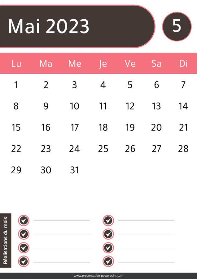 Calendrier Mensuel 2023 mois Mai