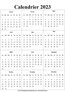 Calendrier 2023 Word Gratuit