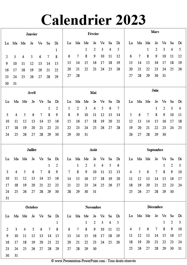 Calendrier 2023 au Format Word