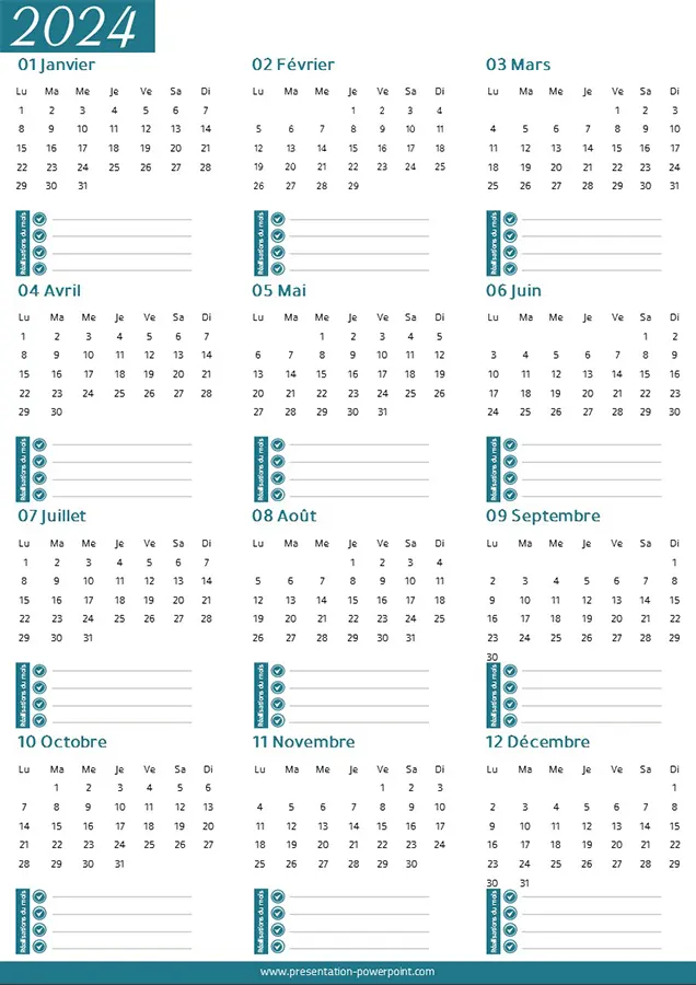 Calendrier 2024 au Format PDF Gratuit Prêt à Télécharger