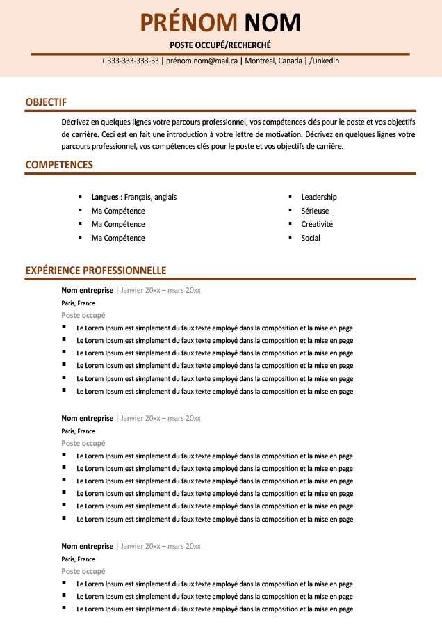 CV canadien au québéc